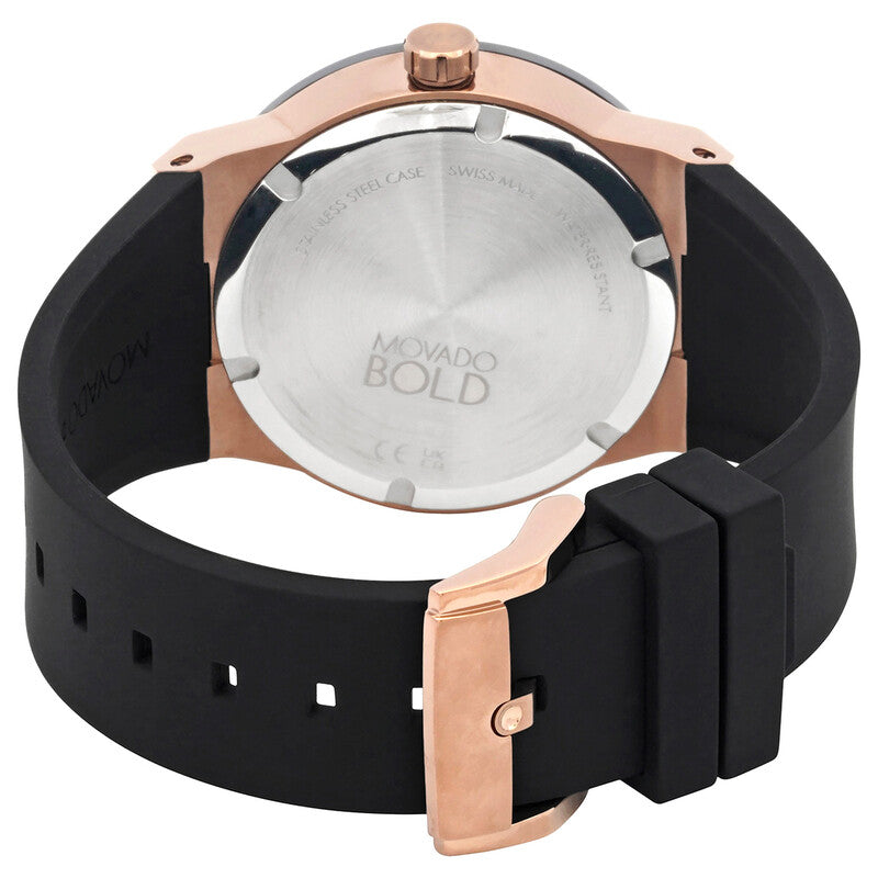 Caseback of Movado BOLD Fusion showing engraved branding and bronze ion-plated case