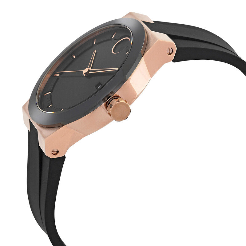 Side view of Movado BOLD Fusion bronze watch with black strap and crown