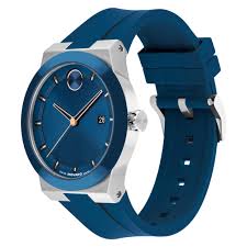 Movado BOLD Fusion watch displayed at angle showing blue dial and blue rubber strap