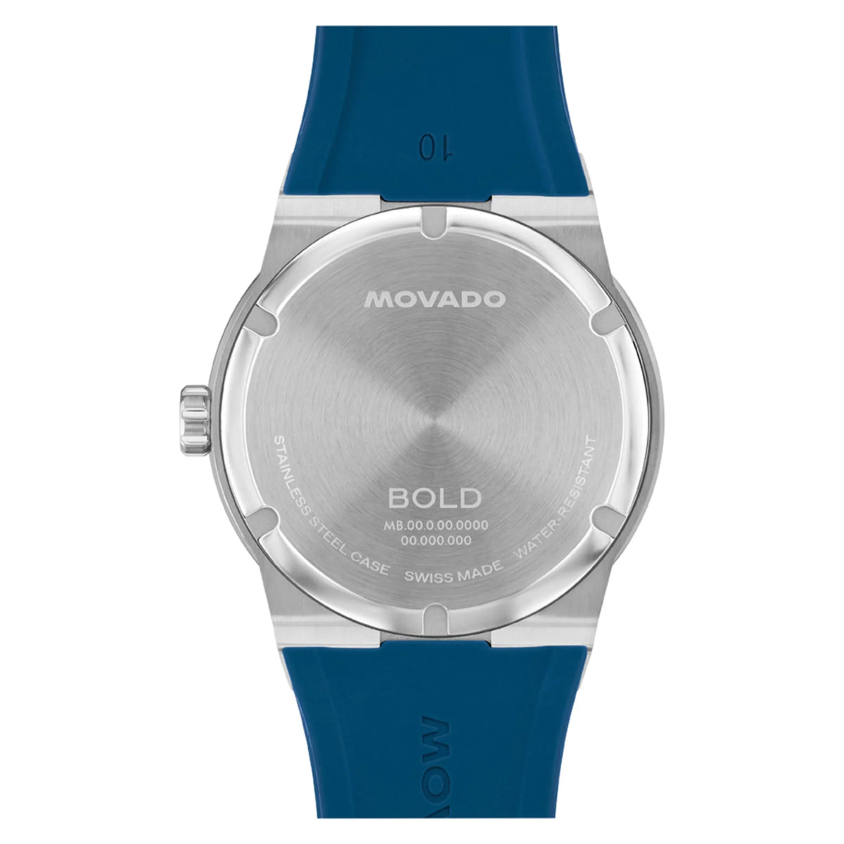 Movado BOLD Fusion watch caseback showing stainless steel and Swiss made engraving