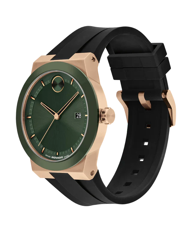 Side profile of Movado Bold Fusion showing rose gold case and black rubber strap