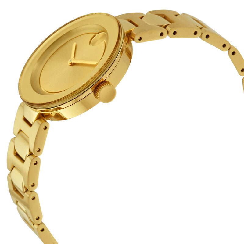 Movado Bold ladies watch with gold tone bracelet and case, side angle view