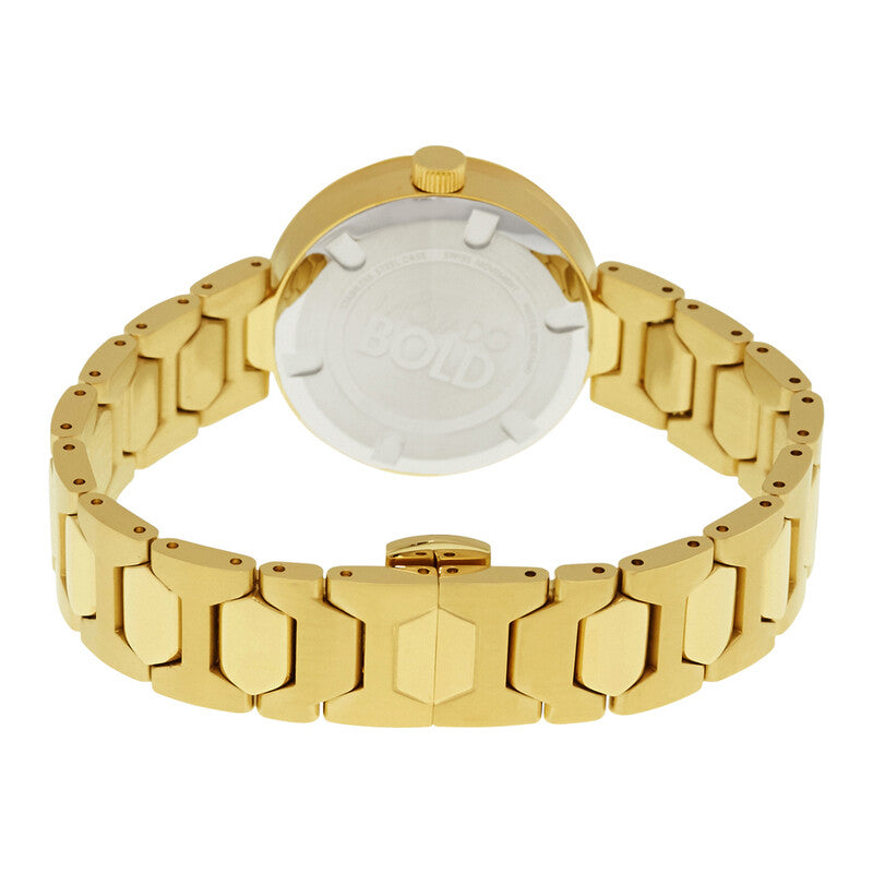 Movado Bold ladies watch caseback showing gold bracelet and engraved case back