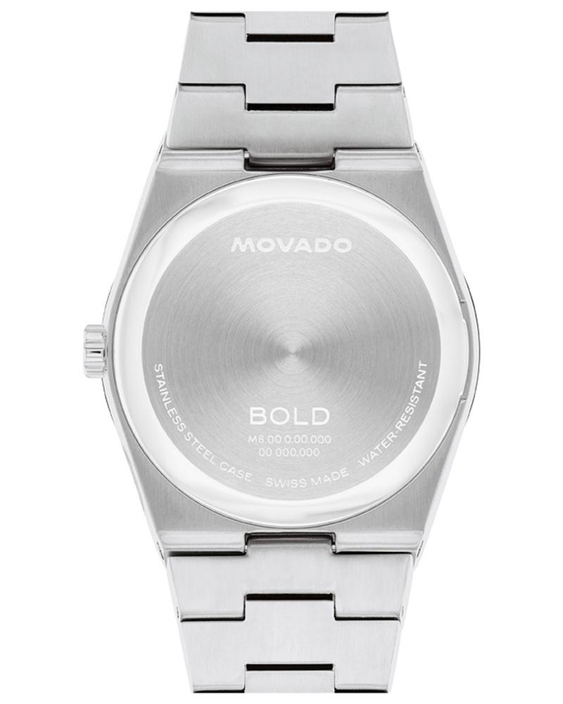Movado BOLD Quest caseback showing stainless steel and rose gold-tone bracelet and Swiss made marking