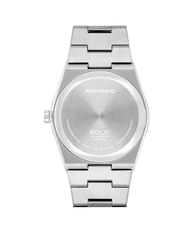 Movado BOLD Quest caseback showing stainless steel finish and BOLD engraving