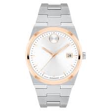 Movado BOLD Quest white dial watch with rose gold-tone bezel and stainless steel bracelet