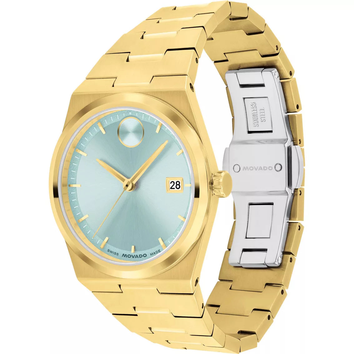 Movado Bold Quest gold bracelet watch shown from side angle on wrist