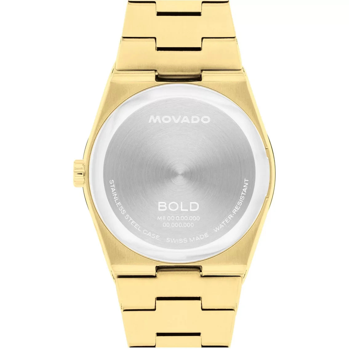 Caseback of Movado Bold Quest watch showing BOLD text and Swiss movement