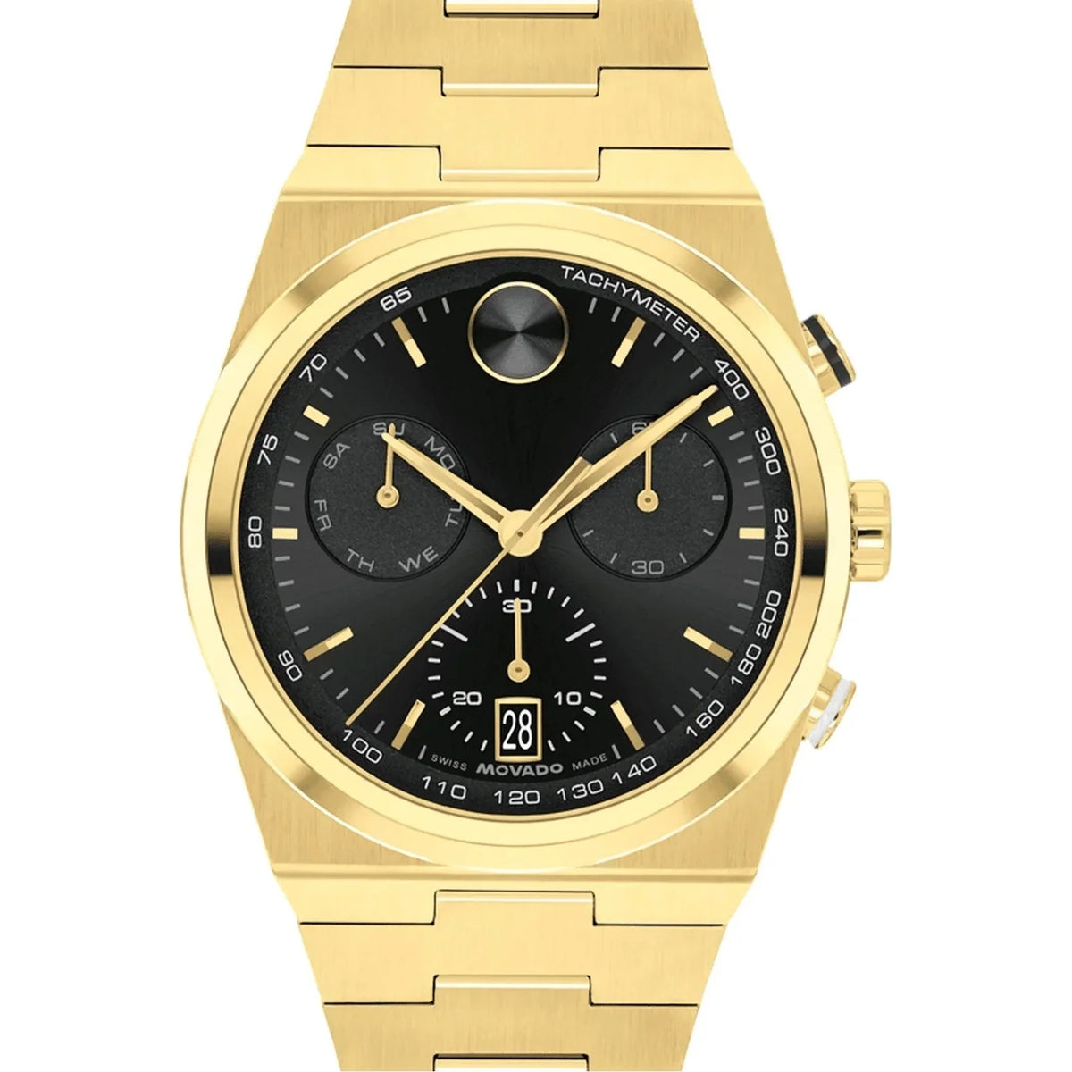 Movado BOLD Quest 42mm gold chronograph watch with black dial and three subdials