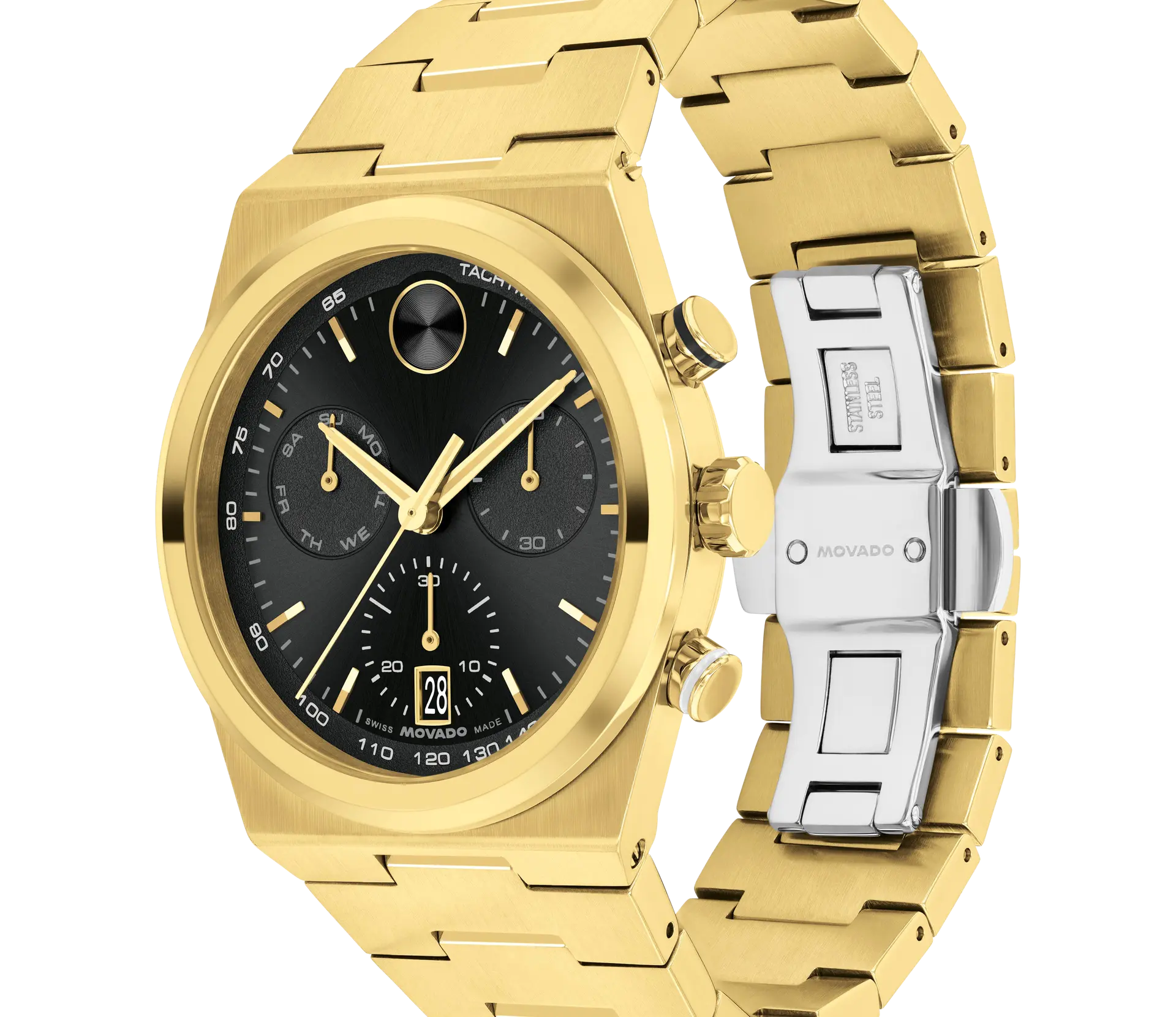 Side profile view of Movado BOLD Quest 42mm gold watch showing bracelet and clasp