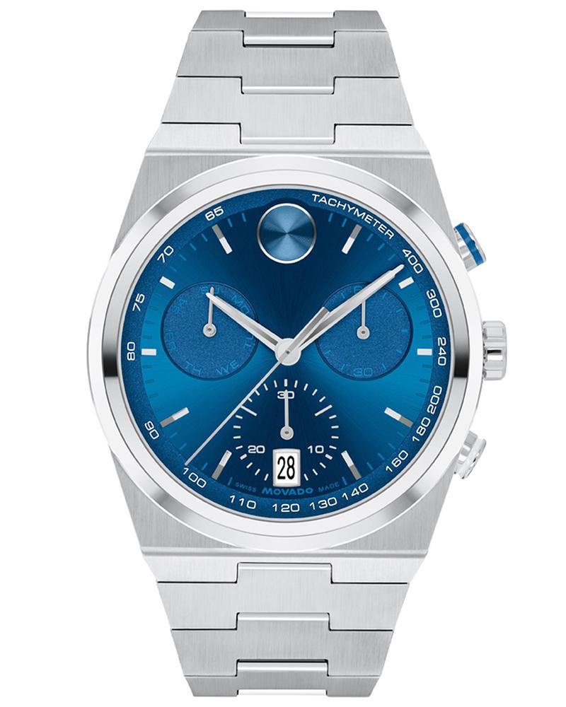Movado Bold Quest chronograph watch with blue dial and stainless steel bracelet