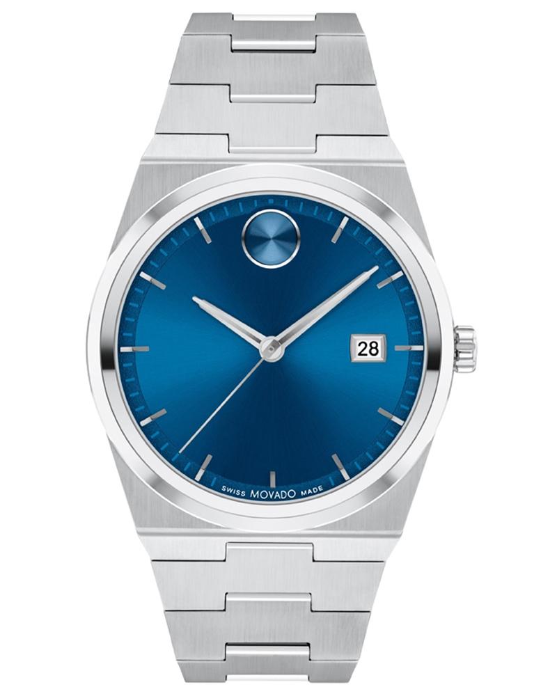 Movado BOLD Quest blue dial stainless steel watch with date window and silver hands