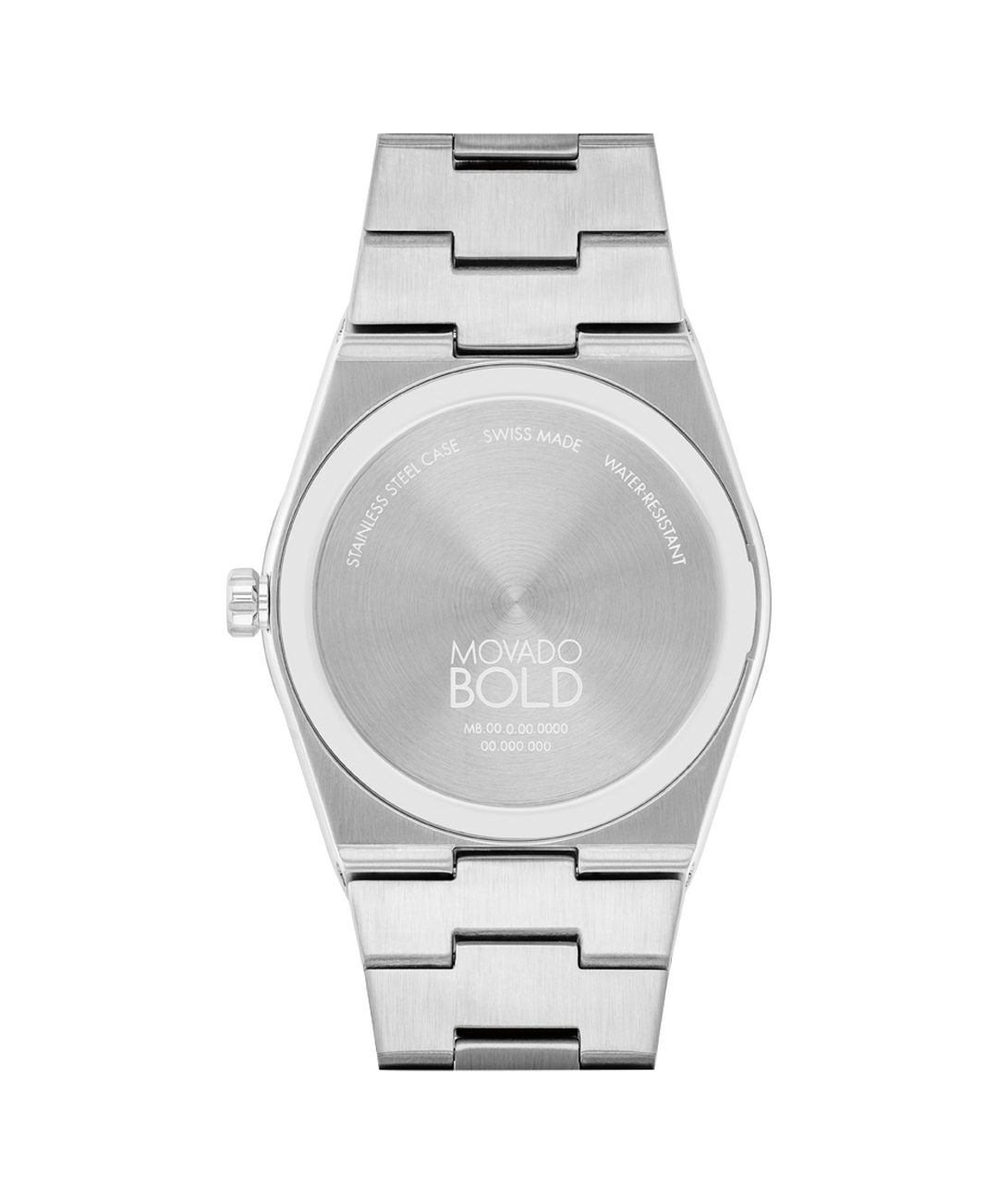 Movado BOLD Quest stainless steel caseback with engraved MOVADO BOLD text