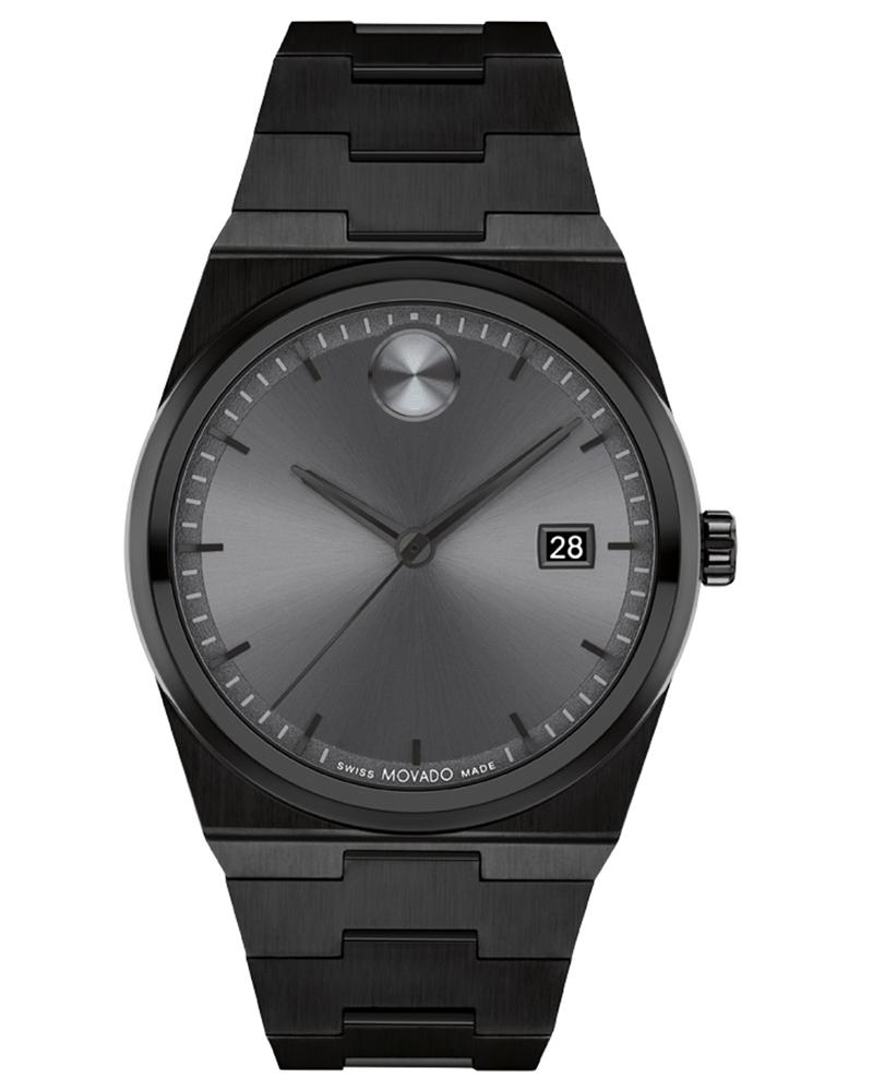 Movado BOLD Quest men's watch with grey dial and black stainless steel bracelet