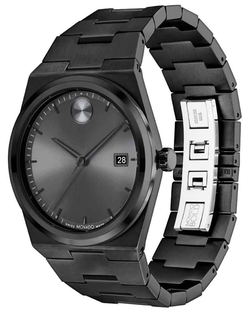 Movado BOLD Quest watch at angle showing grey dial and black steel bracelet detail
