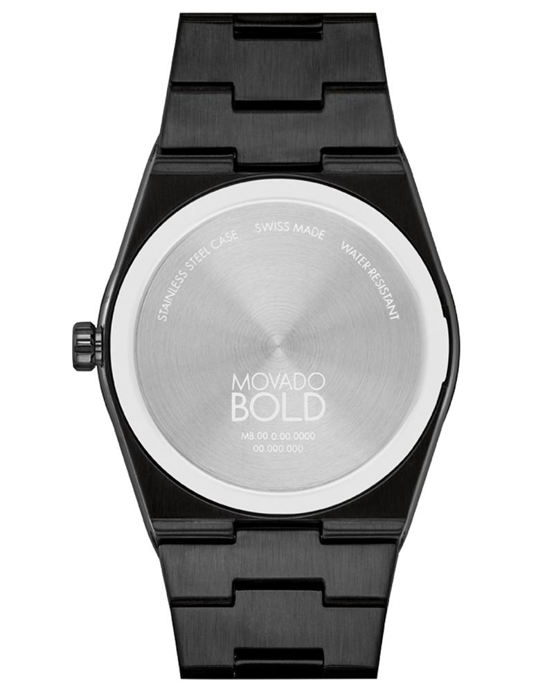 Movado BOLD Quest case back engraved with brand name and specifications