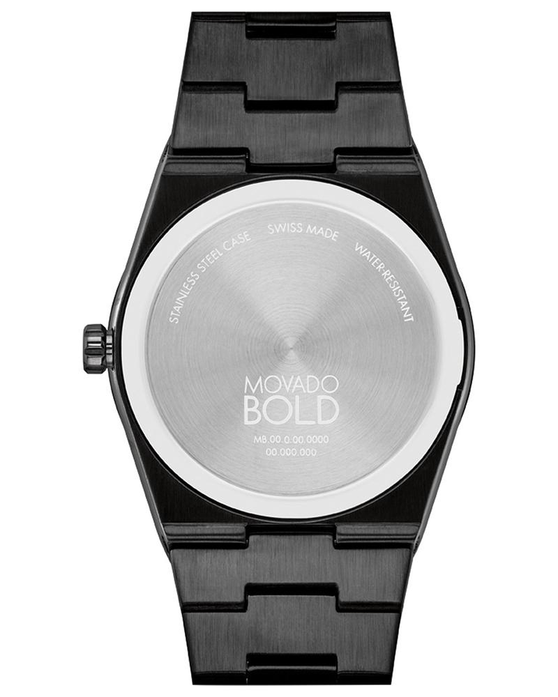Movado Bold Quest watch caseback with engraved Movado logo and specifications