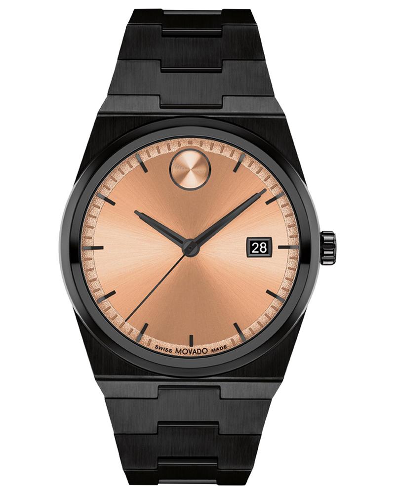 Movado Bold Quest watch with rose gold sunray dial and black ionic plated case