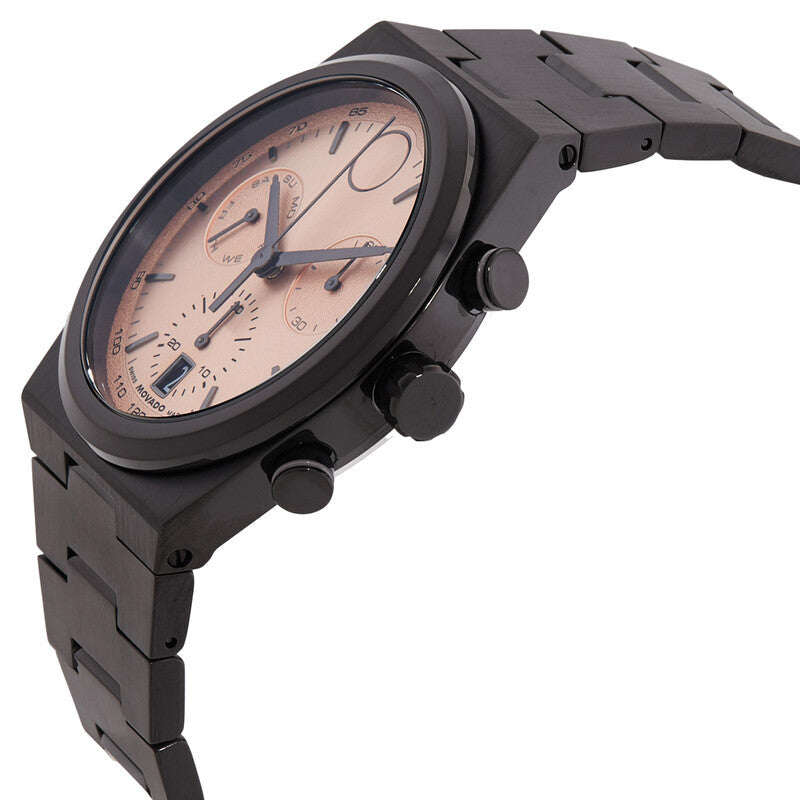 Side angled view of Movado Bold Quest showing chronograph pushers and steel bracelet