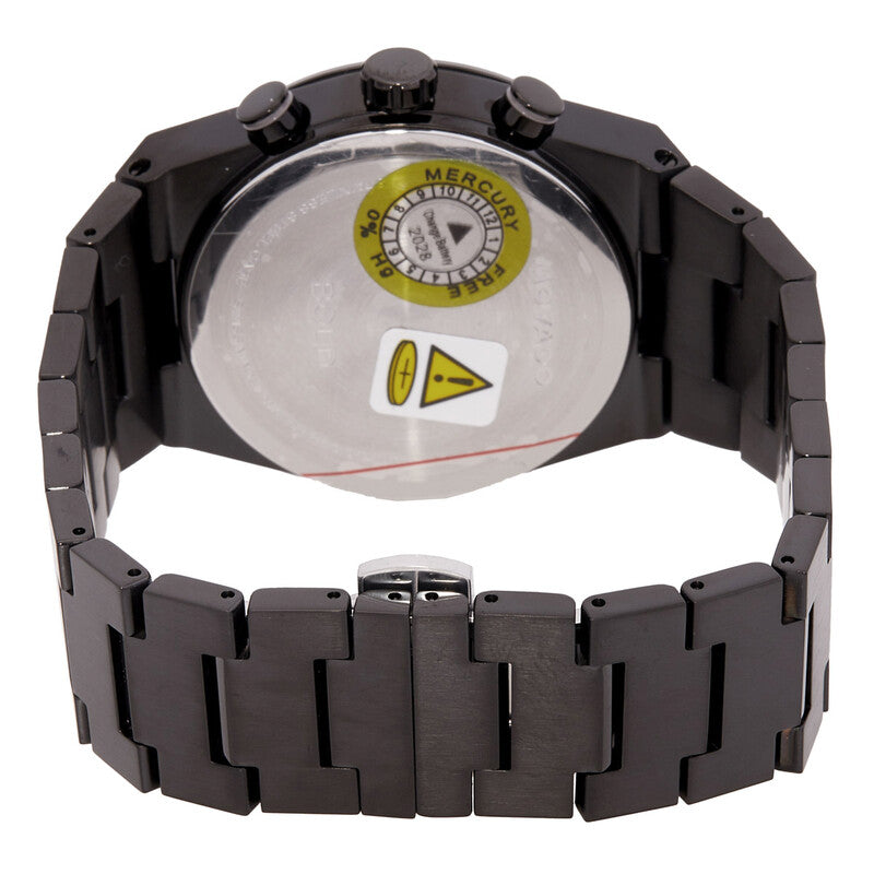 Caseback of Movado Bold Quest with Movado branding and yellow accents
