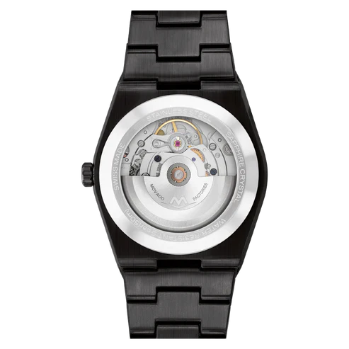 Movado Bold Quest caseback revealing automatic movement and transparent exhibition display