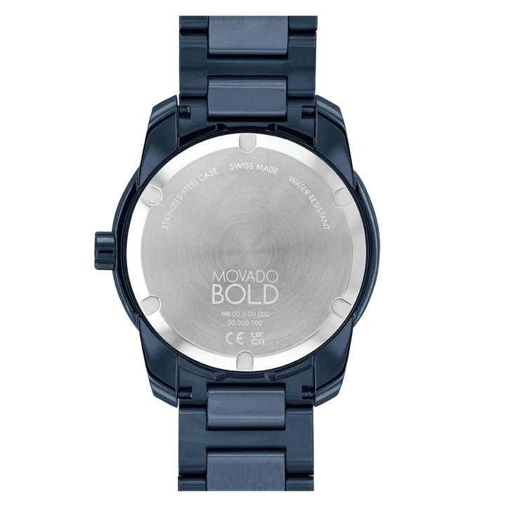 Movado Bold Verso caseback showing Swiss Made marking and model details