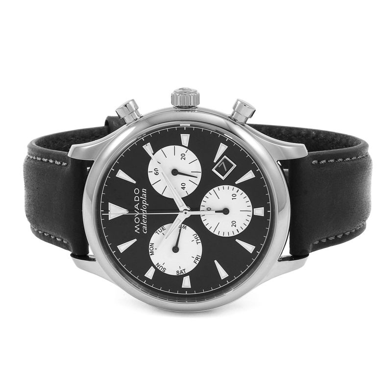 Movado Heritage Chronograph watch with black dial, white subdials, and visible date window