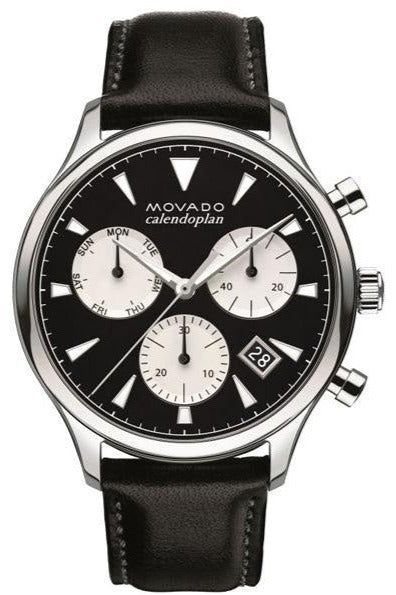 Movado Heritage Chronograph Black Dial Black Leather Strap Men's Watch - 3650005
