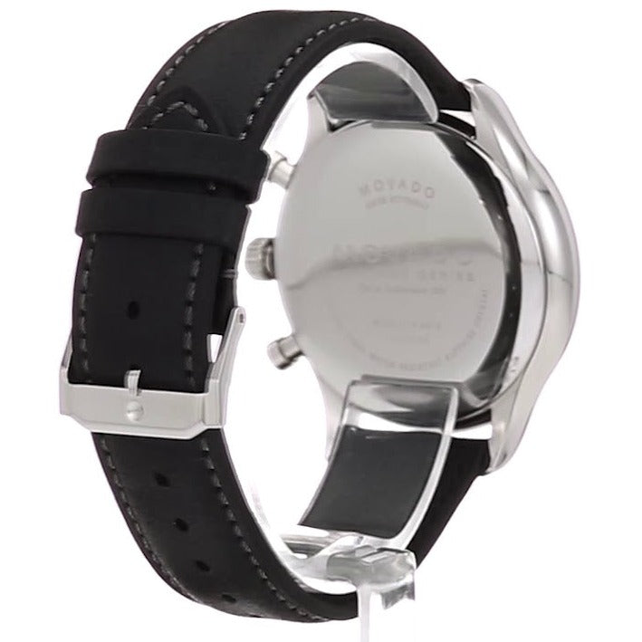 Movado Heritage Chronograph watch side view showing black leather strap and pushers
