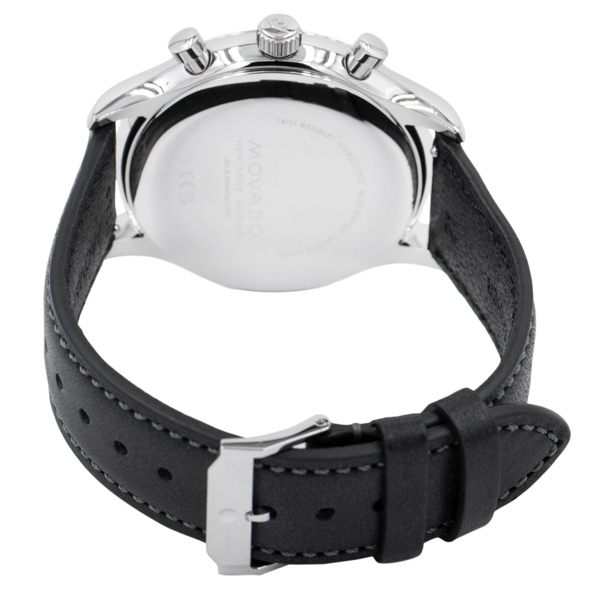 Movado Heritage Chronograph watch with black leather strap and buckle closure on display stand