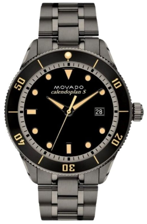 Movado Heritage black dial men's watch with gold hour markers and stainless steel bracelet, front view