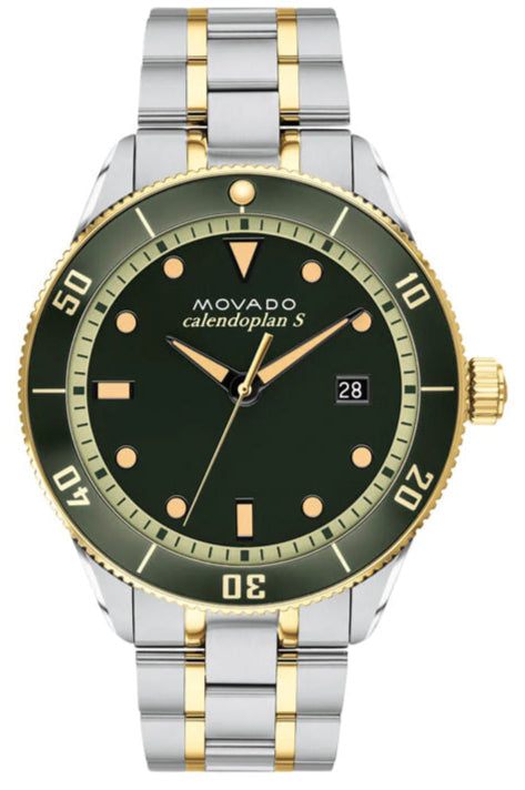 Movado Heritage green dial watch with two-tone steel and gold bracelet, rotating bezel