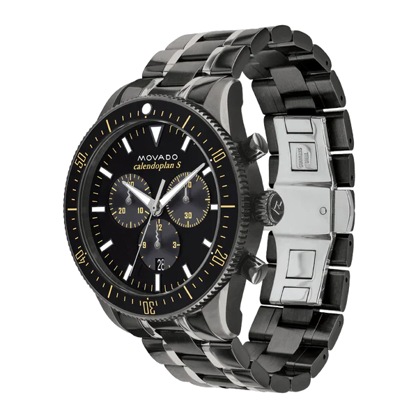 Side angle view of Movado Heritage chronograph showing steel case and bracelet profile