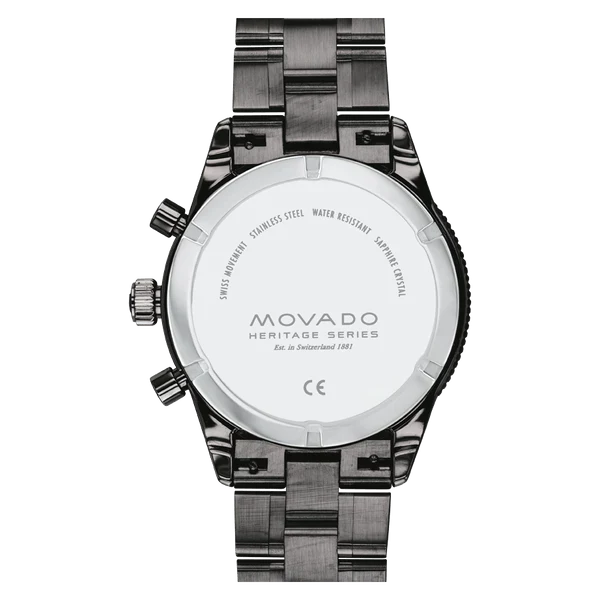 Movado Heritage caseback with engraved Heritage Series branding and water resistance specifications