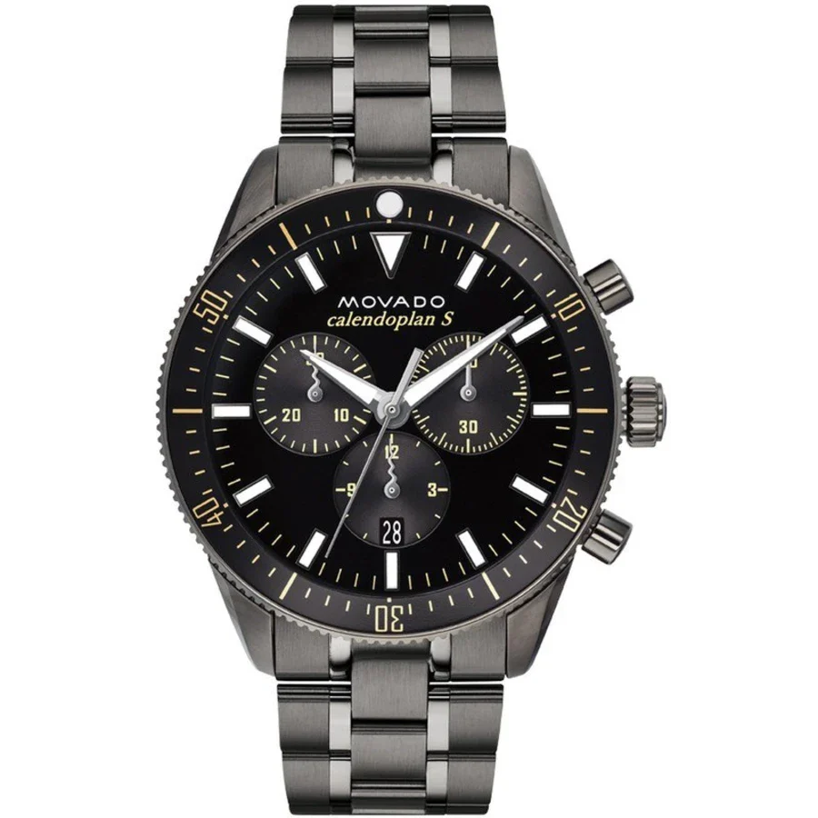 Movado Heritage 42mm chronograph watch with black dial, steel case, and stainless steel bracelet