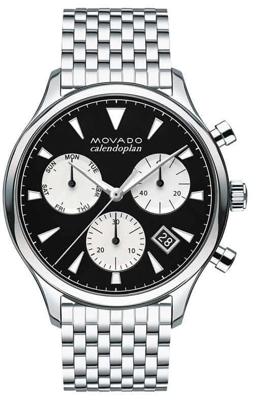 Movado Heritage Calendoplan Chronograph Black Dial Silver Steel Strap Men's Watch - 3650014