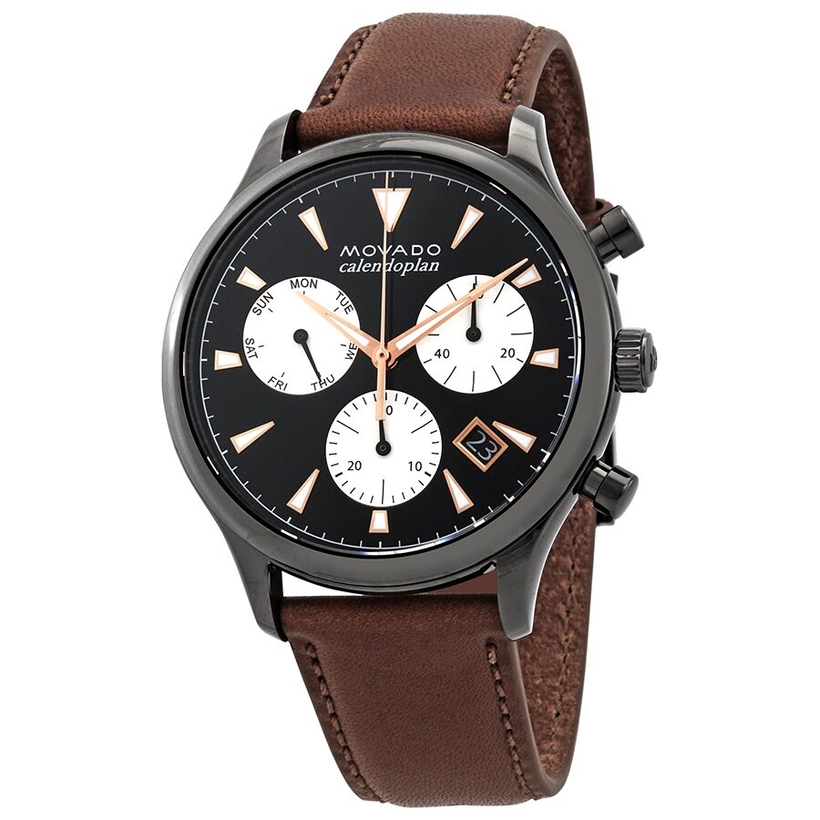 Movado Heritage Calendoplan chronograph watch with black dial, white subdials, and brown leather strap