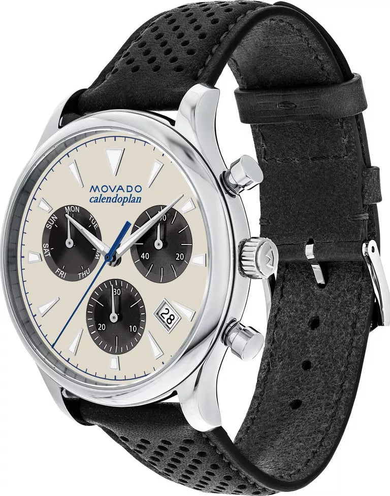 Movado Heritage Calendoplan men's chronograph watch on black leather strap
