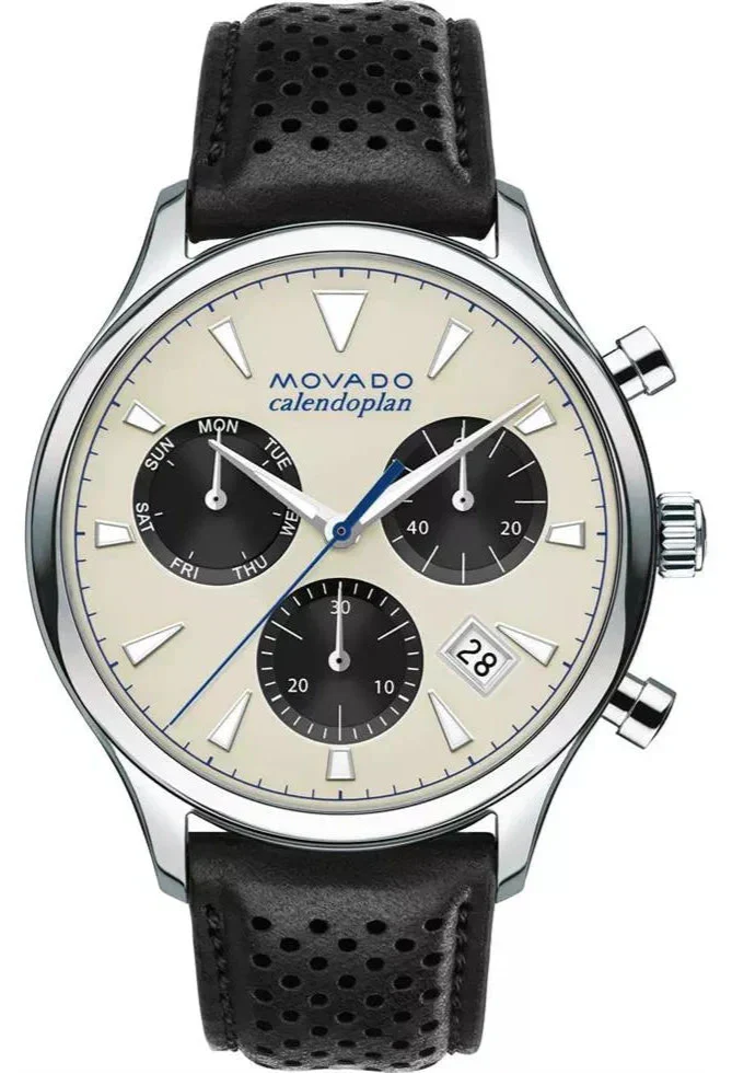 Movado Heritage Calendoplan chronograph watch with cream dial and black subdials