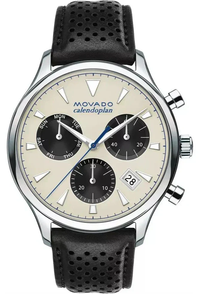 Movado Heritage Calendoplan chronograph watch with cream dial and black subdials