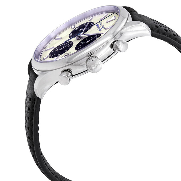 Side view of Movado Heritage Calendoplan chronograph showing case and leather strap