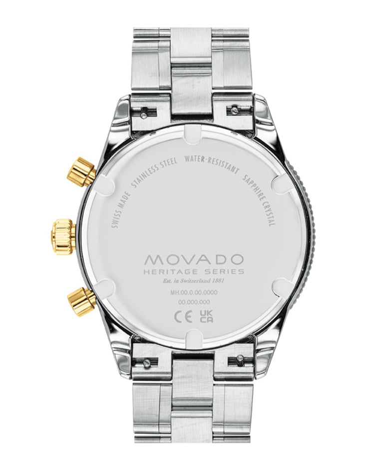 Caseback of Movado Heritage Calendoplan S chronograph watch with engraved branding