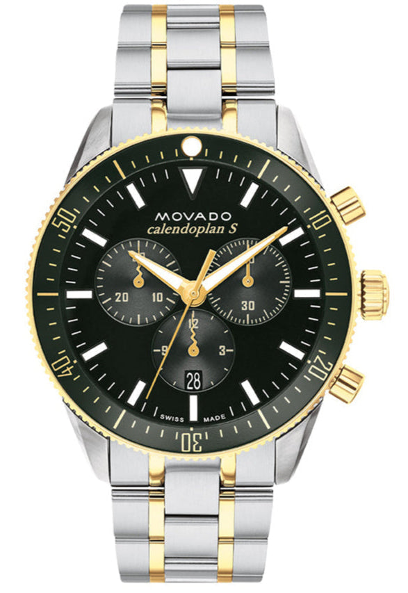 Movado Heritage Calendoplan S chronograph watch with two-tone steel and gold bracelet and black dial