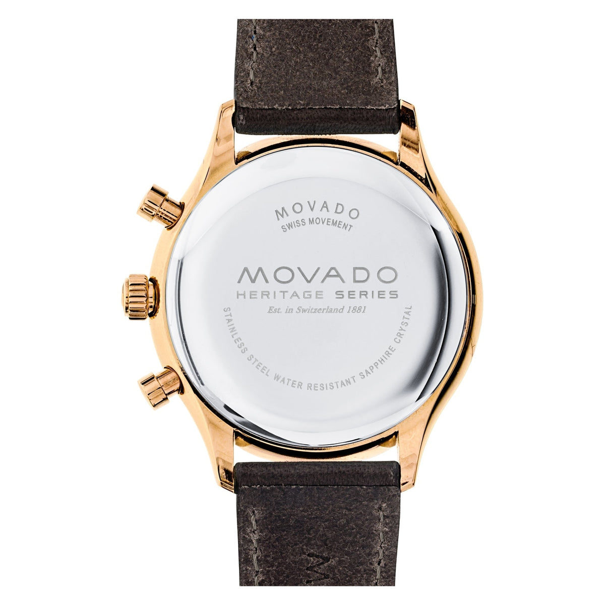 Movado Heritage Chronograph watch caseback showing SWISS MOVEMENT engraving and water resistance