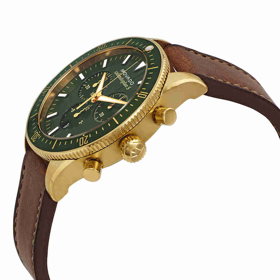 Close-up angled view of Movado Heritage Chronograph green dial with chronograph subdials