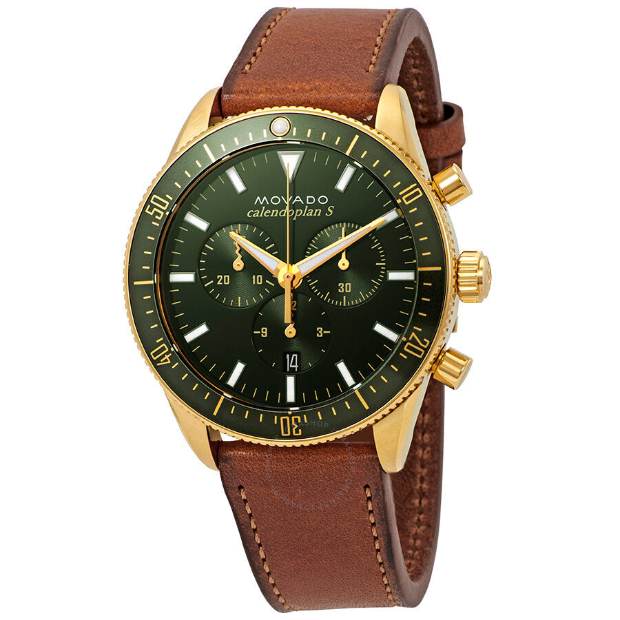Movado Heritage Chronograph green dial watch at three-quarter angle view