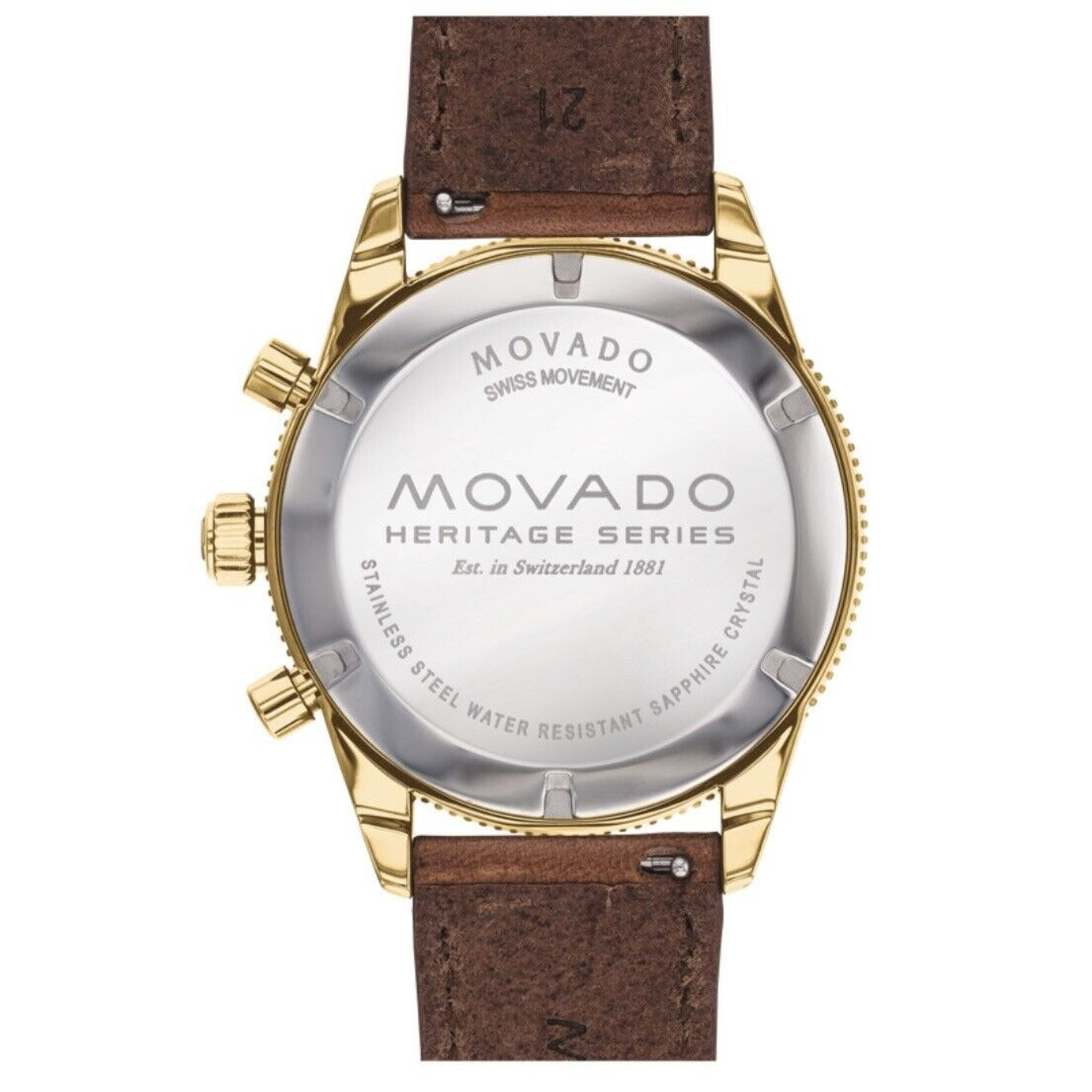 Movado Heritage Series caseback showing Swiss movement and water resistant details