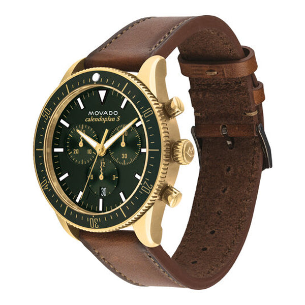 Movado Heritage Chronograph watch shown from the side with brown leather strap visible