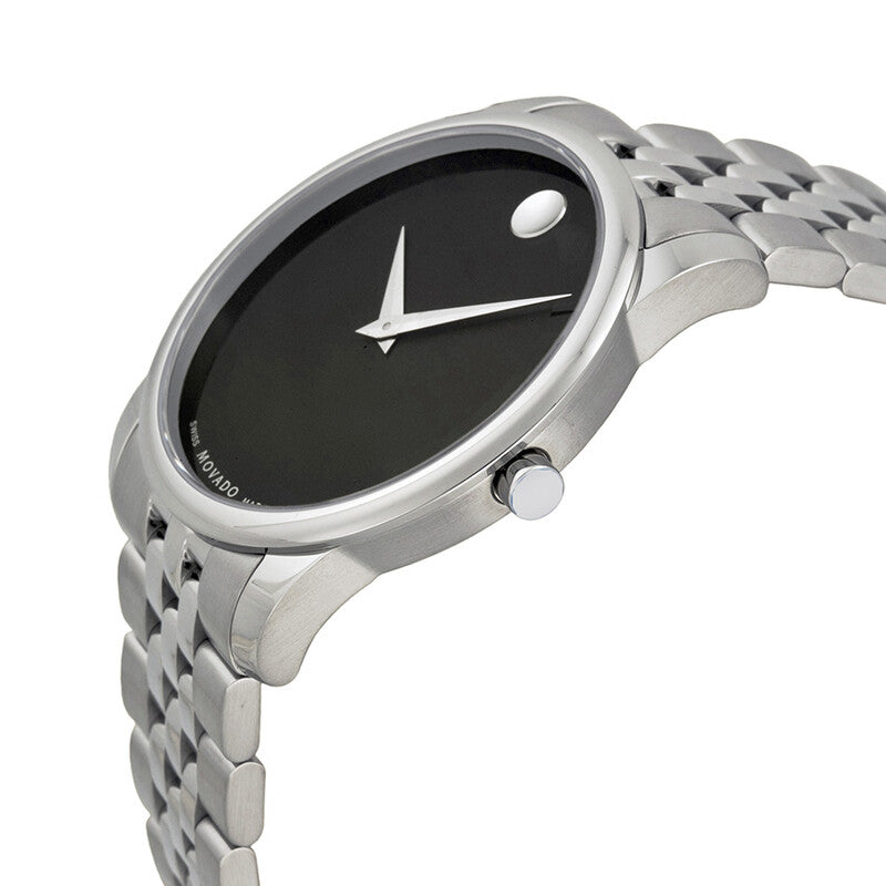 Movado Museum watch at angle showing black dial and silver stainless steel bracelet