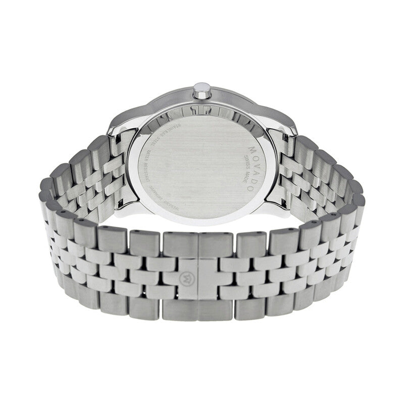 Movado Museum watch caseback showing stainless steel case back and bracelet